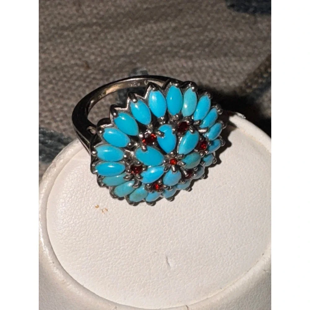925‎ Sterling Silver Turquoise Garnet Flower Ring Cluster Statement Ring - Picture 8 of 9
